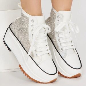 White Fashion Shiny Rhinestone Converse Platform Comfy Sneakers, New in Box